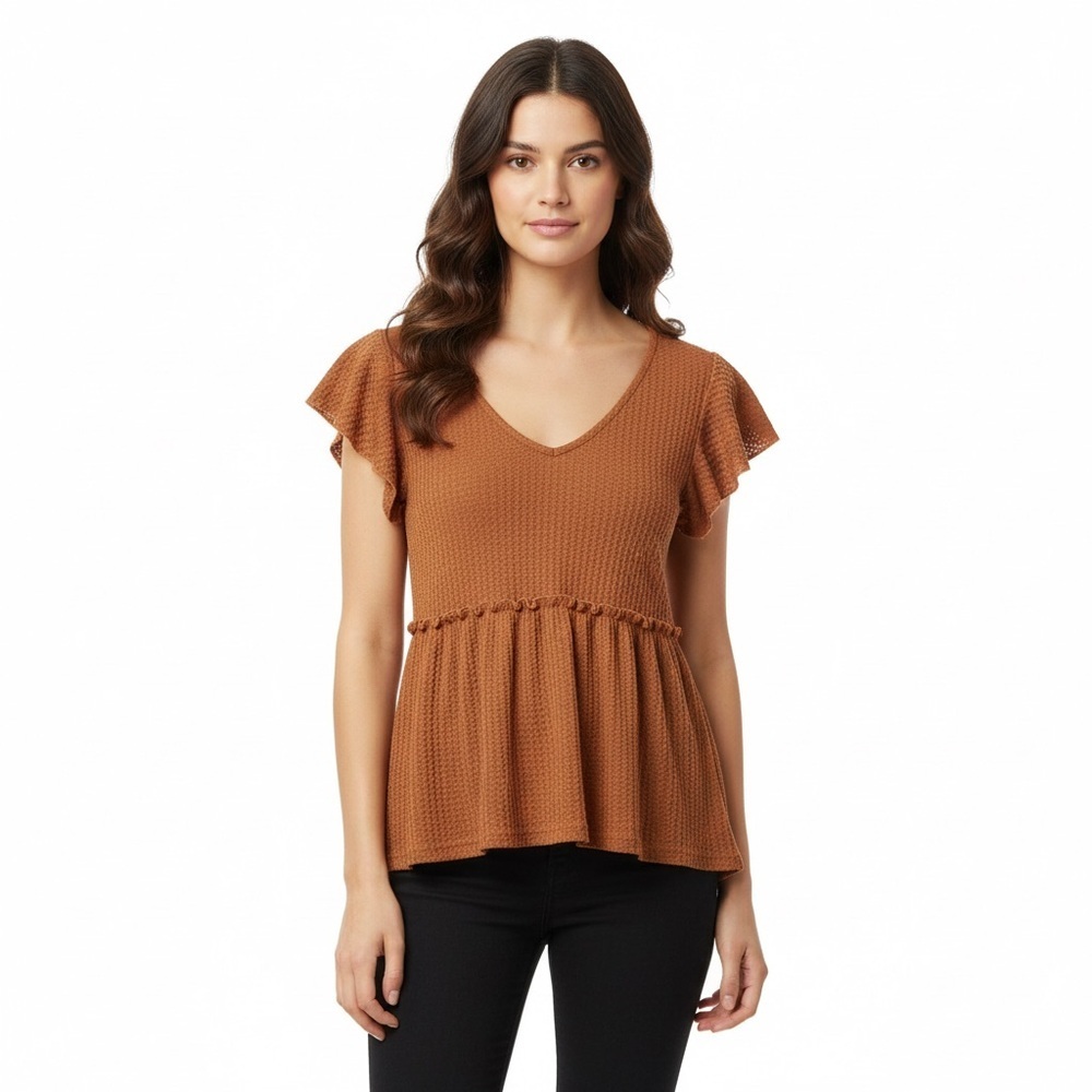 Burnt Orange V-Neck Ruffle Blouse